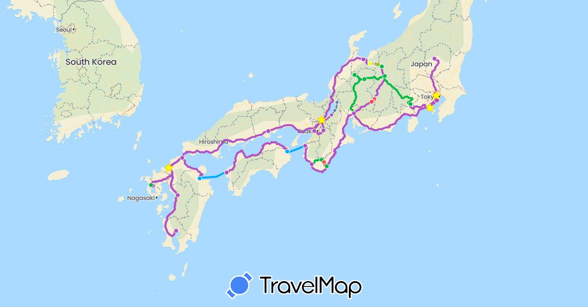 TravelMap itinerary: bus, plane, cycling, train, hiking, electric vehicle, cable car, ferry in Japan (Asia)