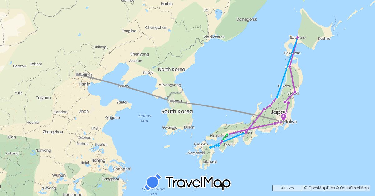 TravelMap itinerary: bus, plane, train, ferry in China, Japan, South Korea (Asia)