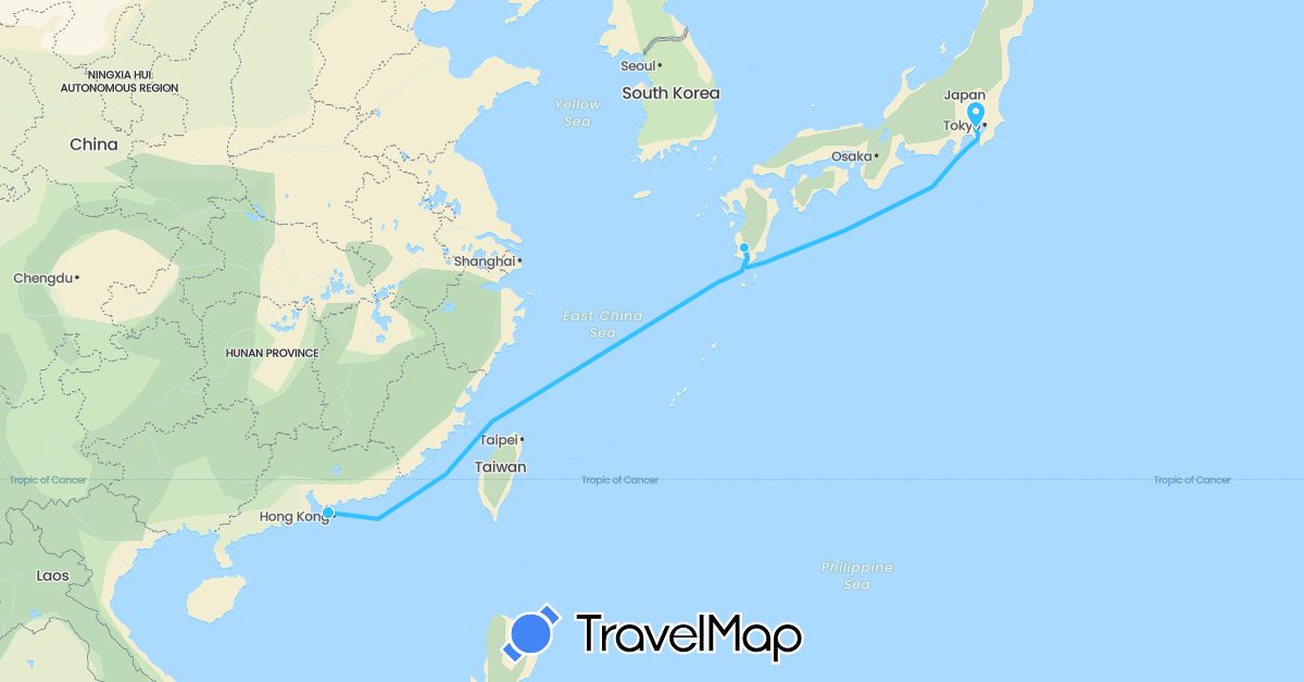 TravelMap itinerary: train, boat in Hong Kong, Japan (Asia)
